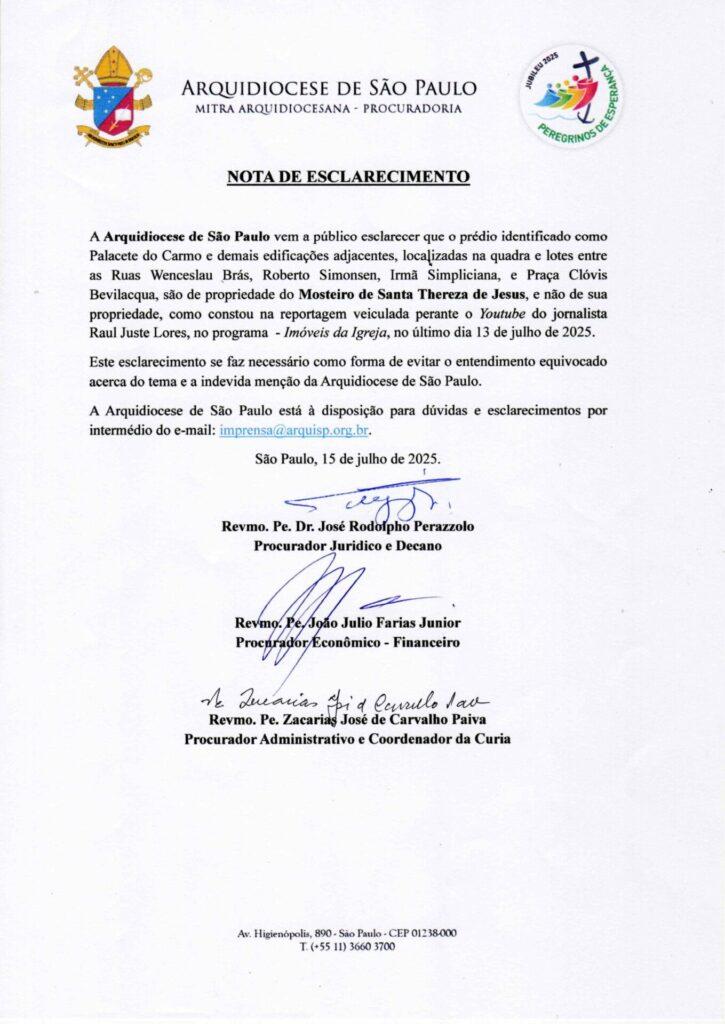 Nota de Esclarecimento sobre o Palacete do Carmo - Arquidiocese de São Paulo