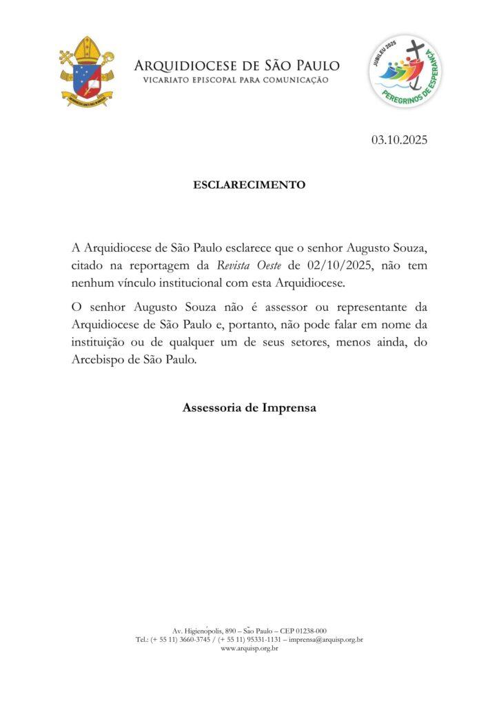 Nota de Esclarecimento sobre a reportagem da Revista Oeste - Arquidiocese de São Paulo