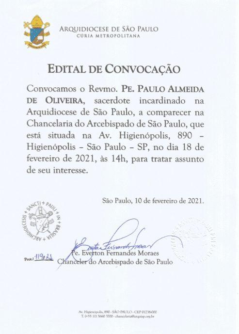 Edital de convocação publicado pela Chancelaria do Arcebispado de São Paulo, 10 de fevereiro de 2021