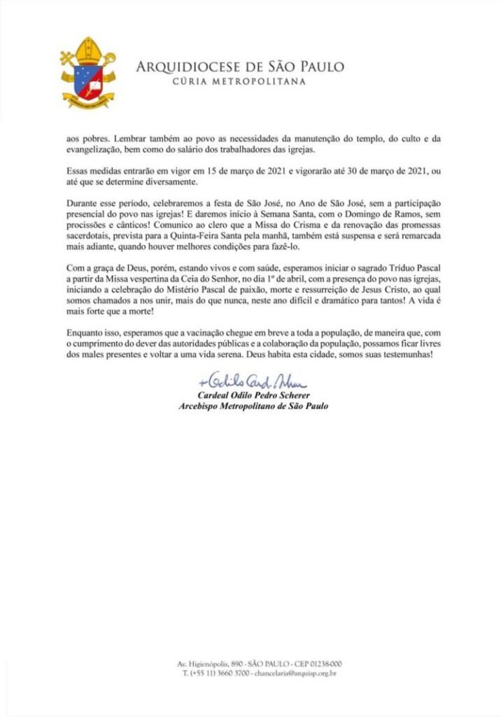 Publicadas novas decisões da Arquidiocese de São Paulo diante do agravamento da pandemia