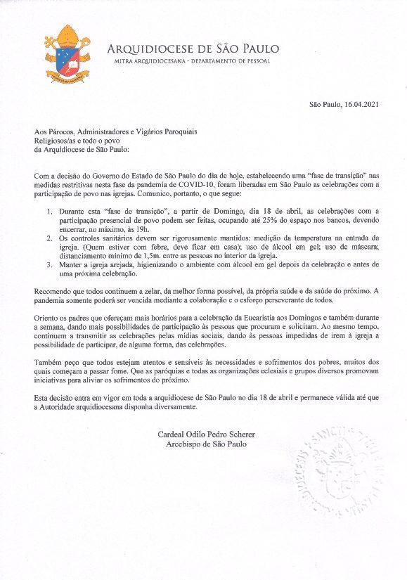 Novas determinações para Arquidiocese de São Paulo na pandemia