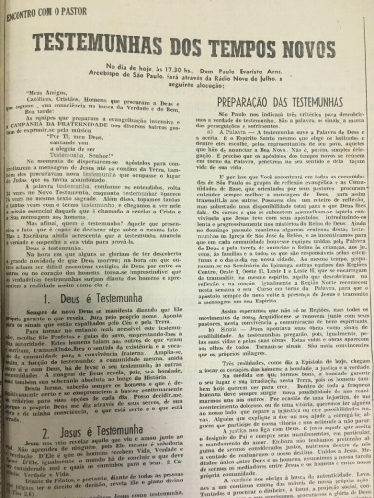 Dom Paulo na seção ‘Encontro com o Pastor’: 1970 – 1998 - Jornal O São Paulo