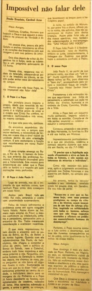 Dom Paulo na seção ‘Encontro com o Pastor’: 1970 – 1998 - Jornal O São Paulo