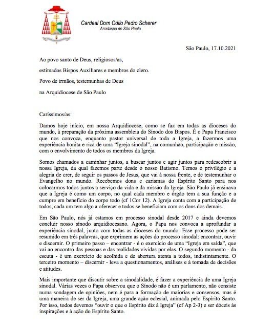 Leia a Mensagem do Cardeal Scherer à Arquidiocese de São Paulo no início da preparação para o Sínodo dos Bispos