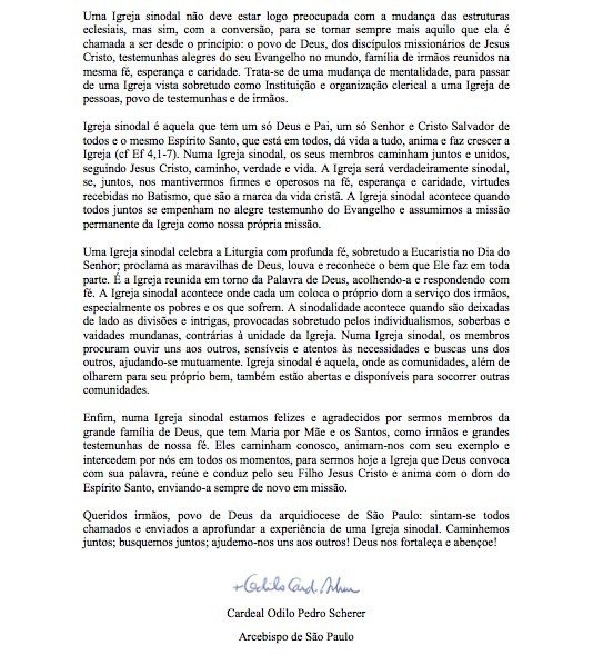 Leia a Mensagem do Cardeal Scherer à Arquidiocese de São Paulo no início da preparação para o Sínodo dos Bispos