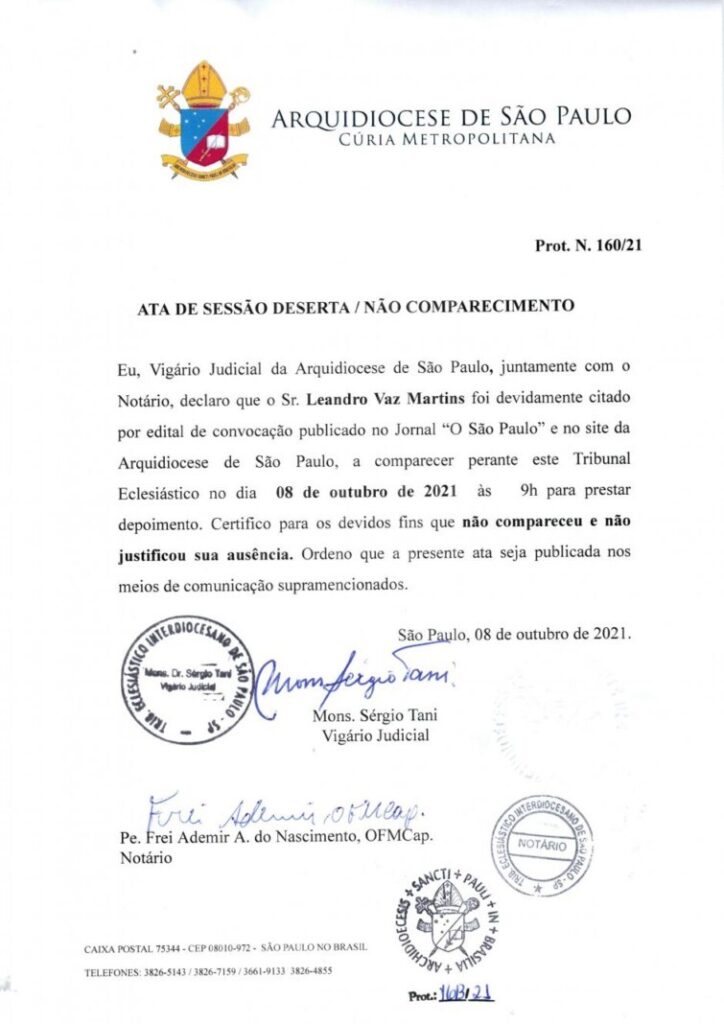 Ata de sessão deserta, publicada pelo Tribunal Eclesiástico em 08 de outubro de 2021 - Jornal O São Paulo
