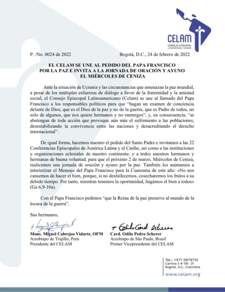 Unido ao Papa, Celam pede por paz e orações diante de conflito na Ucrânia - Jornal O São Paulo