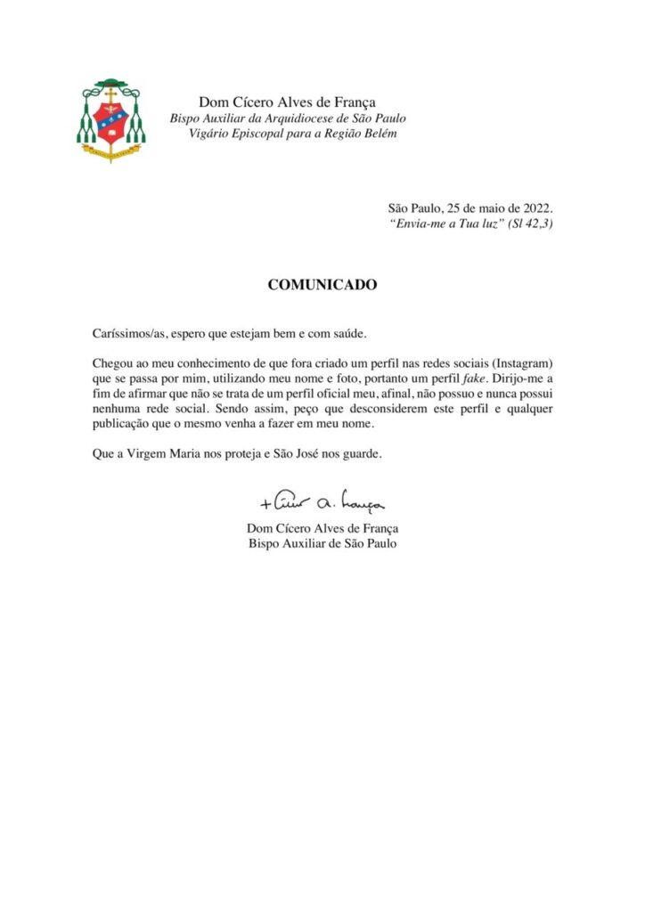 Dom Cícero Alves de França alerta para perfil falso criado em rede social - Jornal O São Paulo