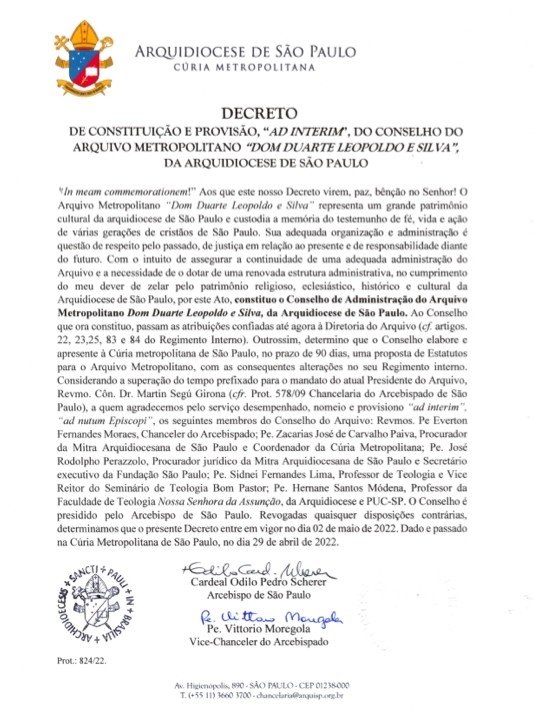 Arcebispo constitui o Conselho de Administração do Arquivo Metropolitano - Jornal O São Paulo