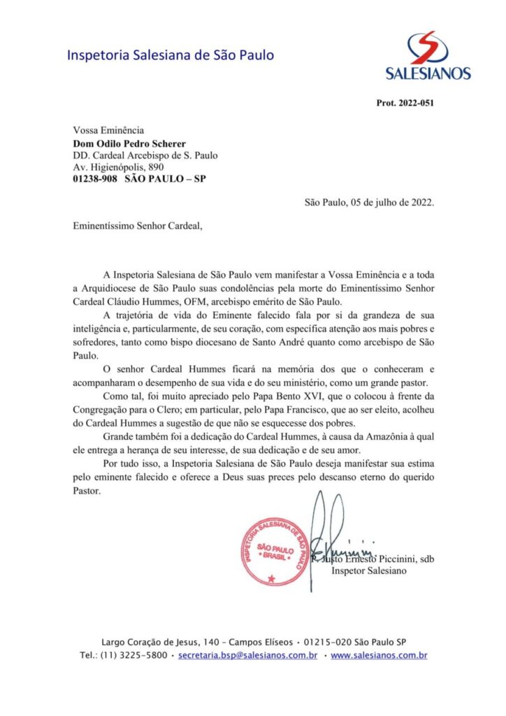 Dioceses, entidades e personalidades manifestam pesar pelo falecimento do Cardeal Cláudio Hummes - Jornal O São Paulo