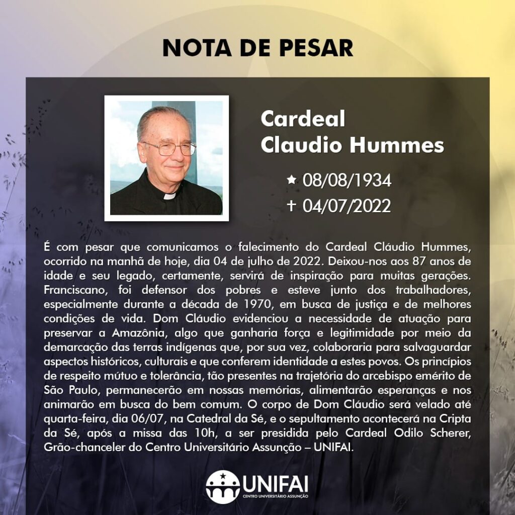 Dioceses, entidades e personalidades manifestam pesar pelo falecimento do Cardeal Cláudio Hummes - Jornal O São Paulo