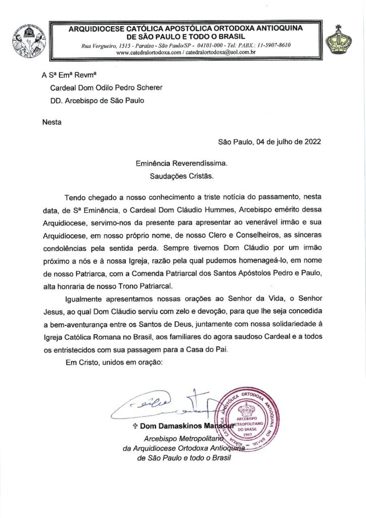 Dioceses, entidades e personalidades manifestam pesar pelo falecimento do Cardeal Cláudio Hummes - Jornal O São Paulo
