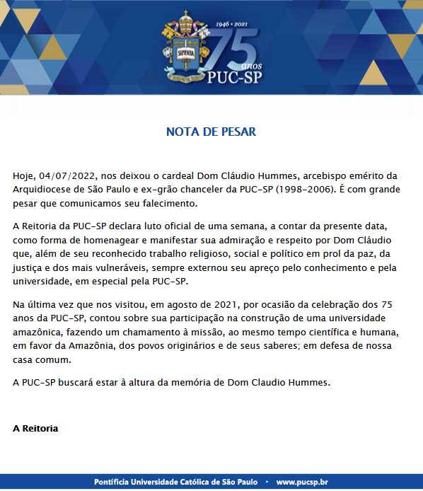 Dioceses, entidades e personalidades manifestam pesar pelo falecimento do Cardeal Cláudio Hummes - Jornal O São Paulo