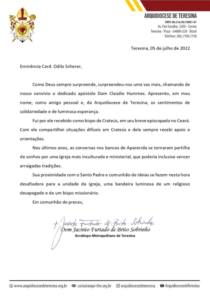 Dioceses, entidades e personalidades manifestam pesar pelo falecimento do Cardeal Cláudio Hummes - Jornal O São Paulo