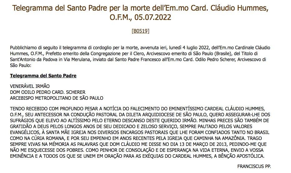 Papa Francisco escreve telegrama de pesar pela morte do Cardeal Hummes - Jornal O São Paulo