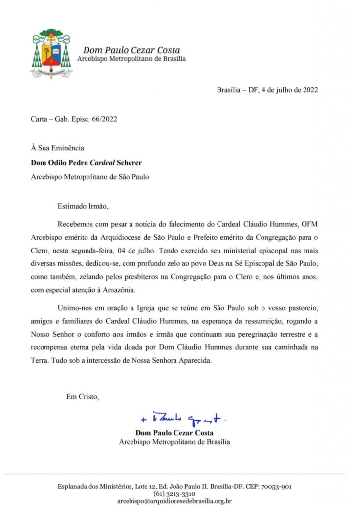 Dioceses, entidades e personalidades manifestam pesar pelo falecimento do Cardeal Cláudio Hummes - Jornal O São Paulo
