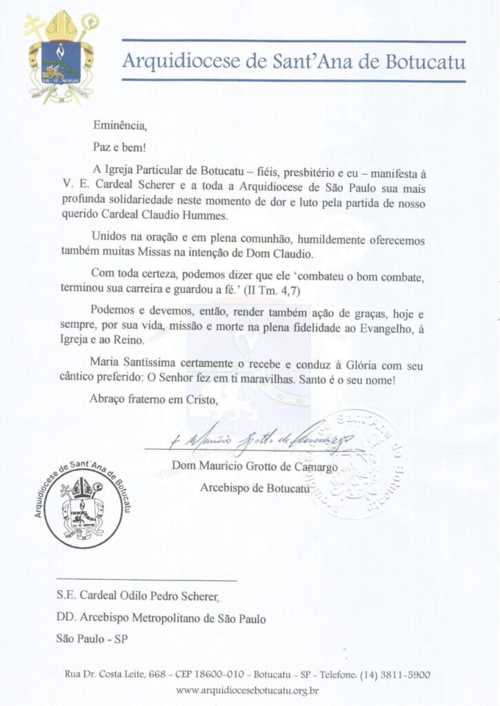 Dioceses, entidades e personalidades manifestam pesar pelo falecimento do Cardeal Cláudio Hummes - Jornal O São Paulo