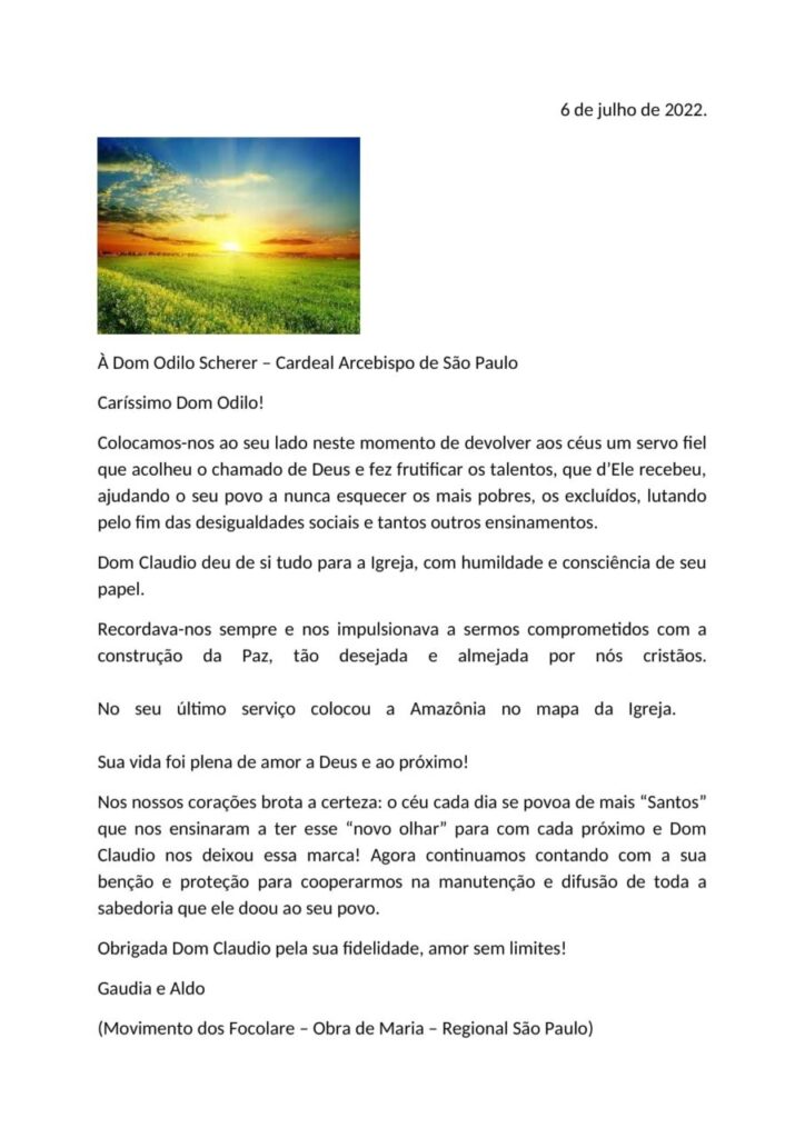 Dioceses, entidades e personalidades manifestam pesar pelo falecimento do Cardeal Cláudio Hummes - Jornal O São Paulo