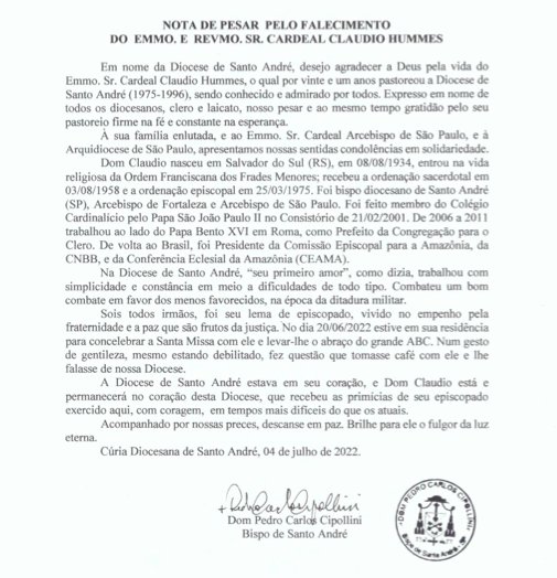 Dioceses, entidades e personalidades manifestam pesar pelo falecimento do Cardeal Cláudio Hummes - Jornal O São Paulo