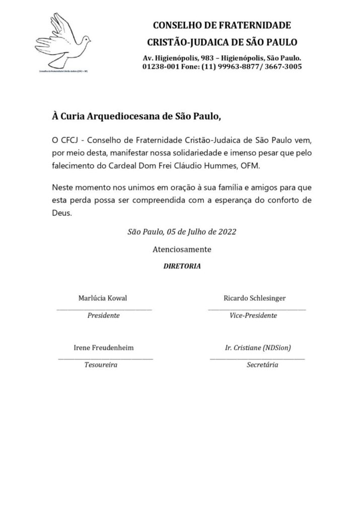 Dioceses, entidades e personalidades manifestam pesar pelo falecimento do Cardeal Cláudio Hummes - Jornal O São Paulo