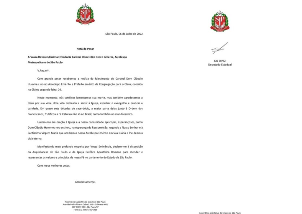 Dioceses, entidades e personalidades manifestam pesar pelo falecimento do Cardeal Cláudio Hummes - Jornal O São Paulo