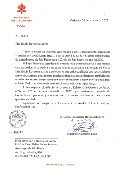 Santa Sé agradece a contribuição da Arquidiocese para o Óbolo de São Pedro - Jornal O São Paulo