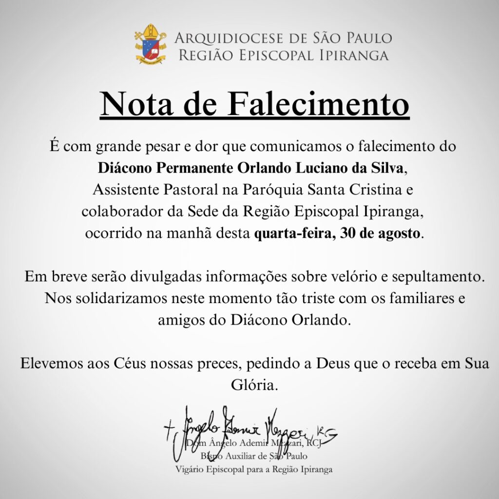 Arquidiocese manifesta pesar pela morte do Diácono Permanente Orlando Luciano da Silva - Jornal O São Paulo