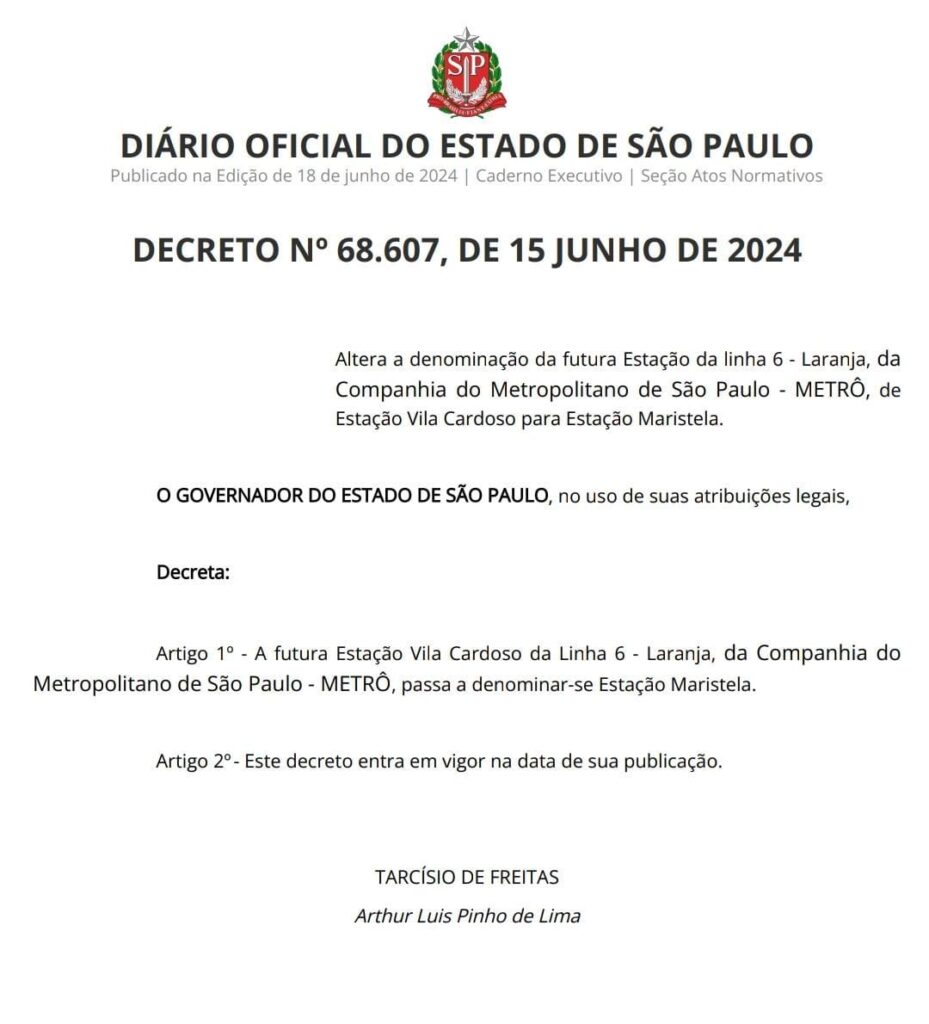 Futura estação da Linha 6 do Metrô é renomeada após se referenciar a bairro inexistente - Jornal O São Paulo