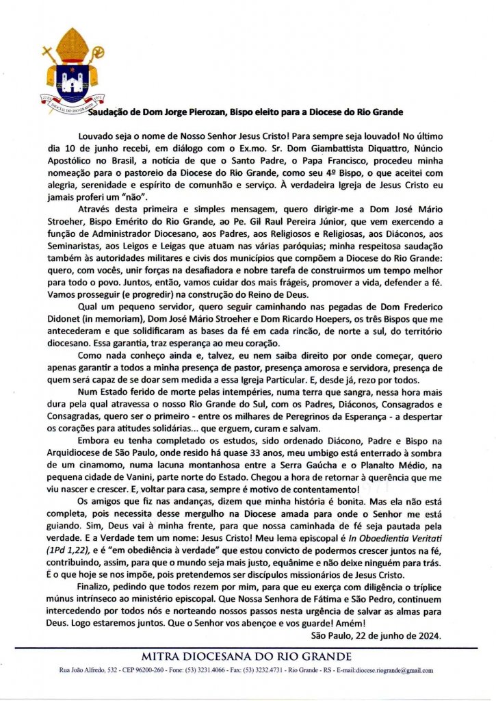 Nomeado Bispo de Rio Grande (RS), Dom Jorge Pierozan envia 1ª mensagem ao povo de Deus na Diocese - Jornal O São Paulo