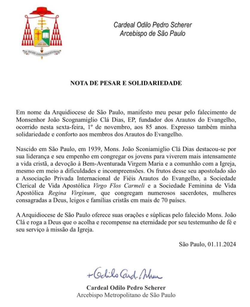 Cardeal Scherer manifesta pesar pelo morte do fundador dos Arautos do Evangelho - Jornal O São Paulo