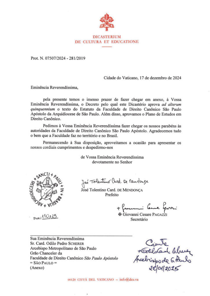 Santa Sé renova aprovação do Estatuto e Plano de Estudos da Faculdade de Direito Canônico São Paulo Apóstolo