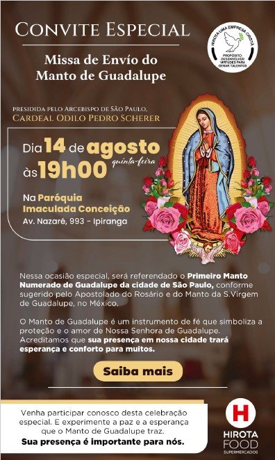 Vindo do México, manto de Nossa Senhora de Guadalupe será acolhido em SP no dia 14 - Jornal O São Paulo