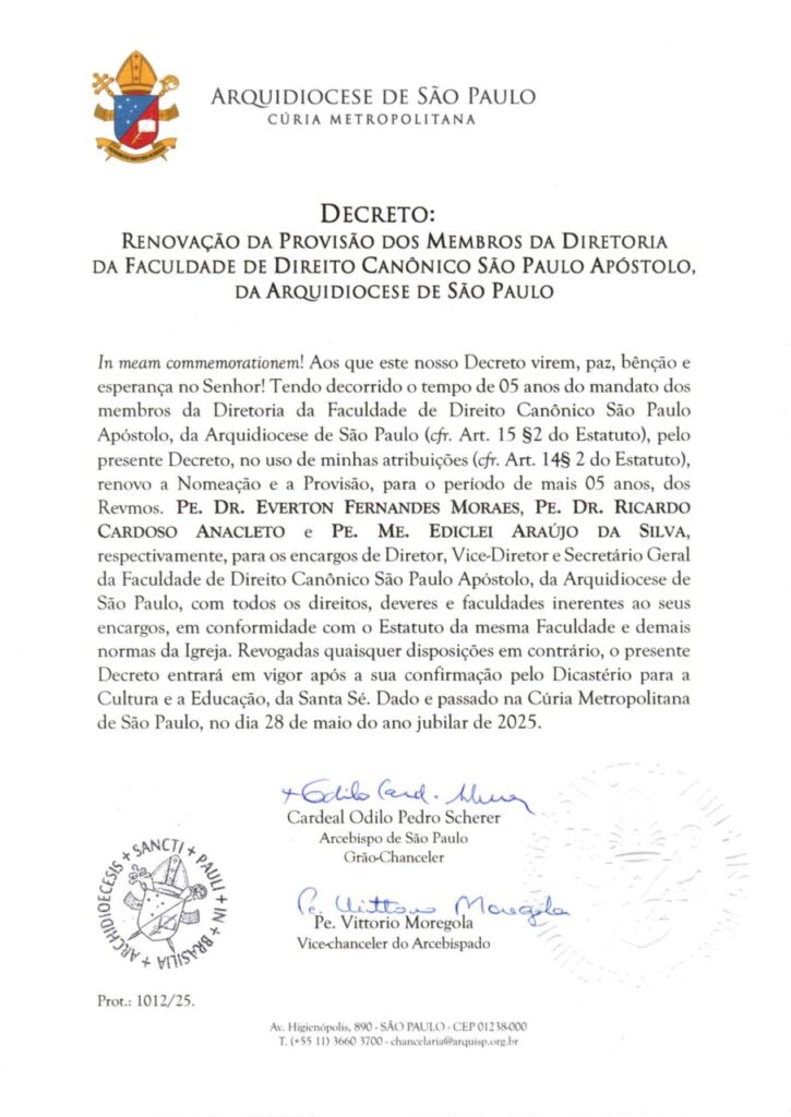 Diretoria da Faculdade de Direito Canônico tem nomeação renovada - Jornal O São Paulo