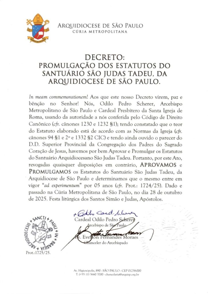Santuário São Judas Tadeu tem estatutos aprovados e promulgados por Dom Odilo - Jornal O São Paulo