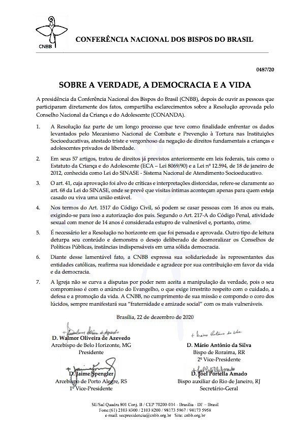 Em nota, CNBB esclarece polêmica sobre resolução do Conselho Nacional da Criança e do Adolescente - Jornal O São Paulo