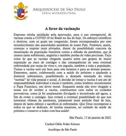Nota do Cardeal Scherer: A favor da vacinação - Jornal O São Paulo
