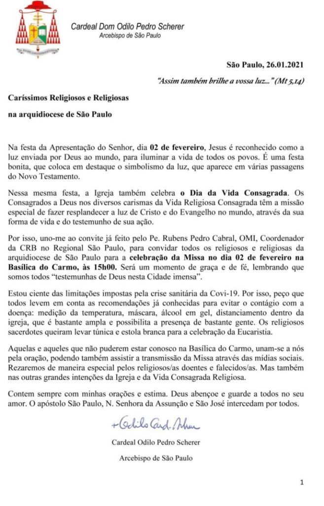Dom Odilo convida religiosos para missa pelo Dia Mundial da Vida Consagrada - Jornal O São Paulo