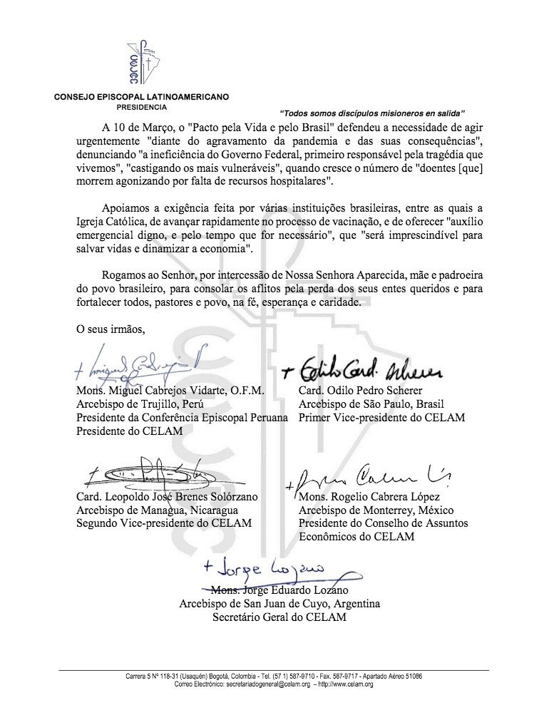 Celam expressa proximidade e solidariedade ao Brasil diante da ‘gravíssima situação’ da pandemia - Jornal O São Paulo
