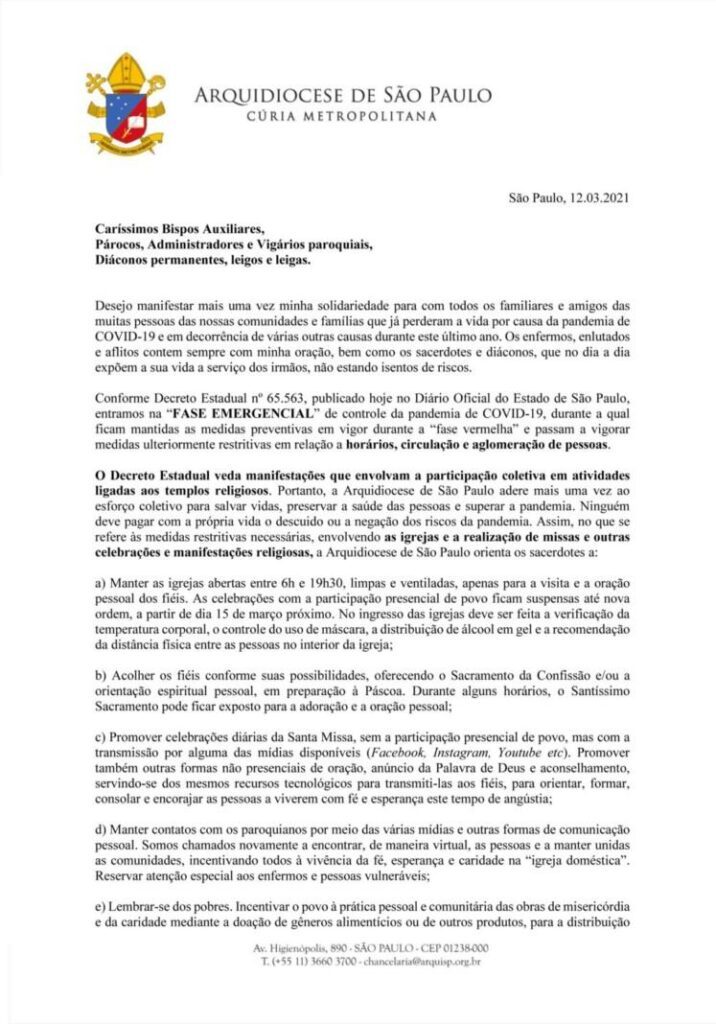 Publicadas novas decisões da Arquidiocese de São Paulo diante do agravamento da pandemia