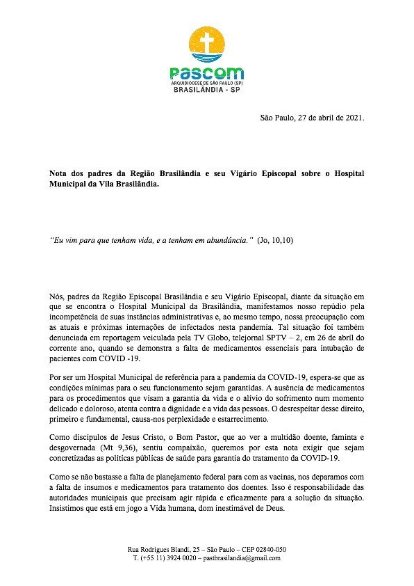 Dom Carlos Silva e clero atuante na Brasilândia emitem nota sobre o caos em hospital para COVID-19 - Jornal O São Paulo