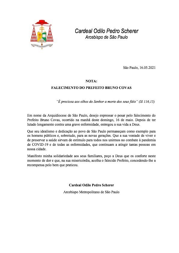 Cardeal Scherer manifesta pesar pela morte do prefeito Bruno Covas - Jornal O São Paulo