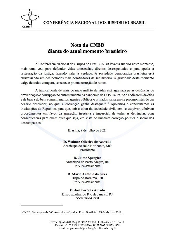 Presidência da CNBB se manifesta sobre o atual momento do País - Jornal O São Paulo