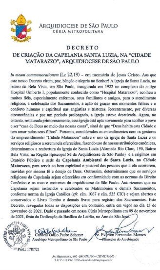 Capela Santa Luzia é reinaugurada e marca início das atividades da Cidade Matarazzo - Jornal O São Paulo