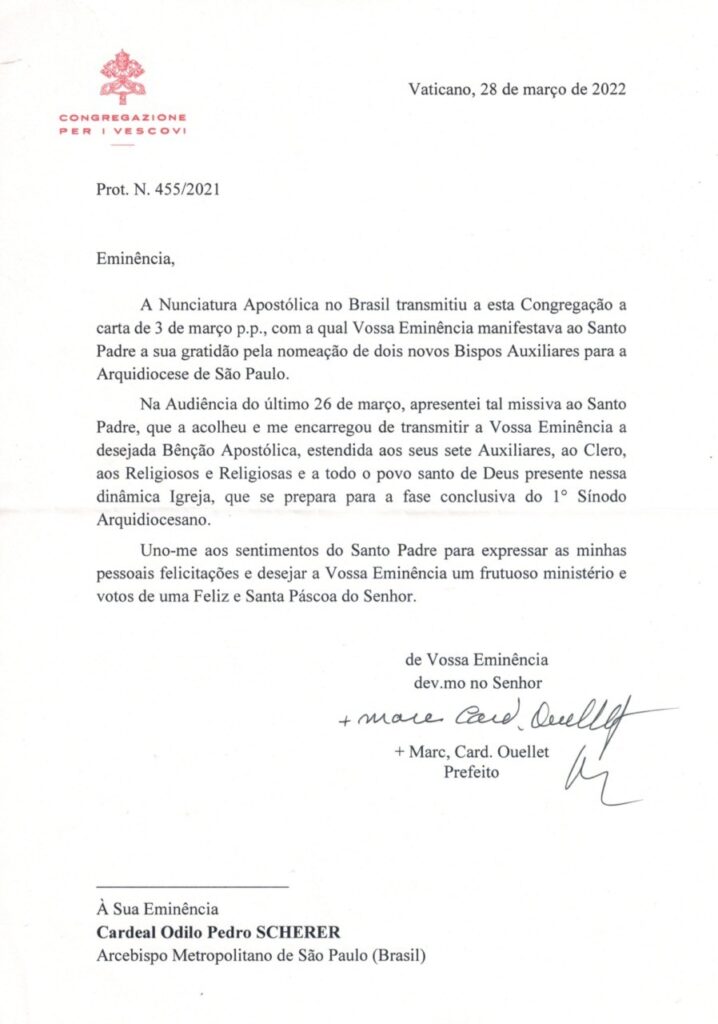 Congregação para os Bispos agradece carta do Cardeal Scherer - Jornal O São Paulo