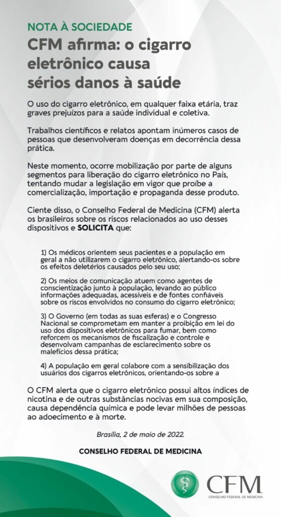 Conselho Federal de Medicina alerta sobre o uso de cigarros eletrônicos - Jornal O São Paulo