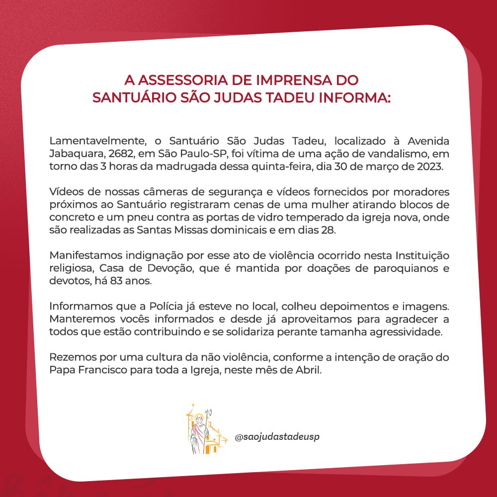 Santuário São Judas Tadeu tem portas de vidro vandalizadas durante a madrugada - Jornal O São Paulo