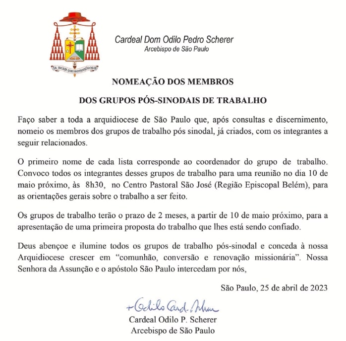 Cardeal Scherer nomeia membros dos grupos pós-sinodais de trabalho - Jornal O São Paulo