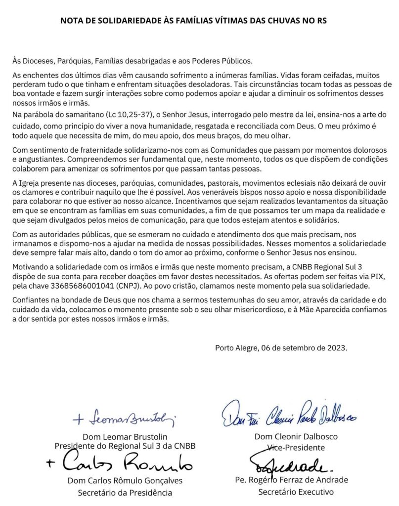 Regional Sul 3 lança nota e campanha em favor de vítimas das chuvas no Rio Grande do Sul - Jornal O São Paulo