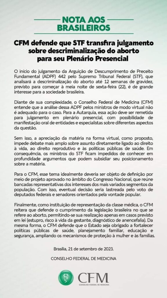 Conselho Federal de Medicina critica que julgamento sobre aborto não seja presencial - Jornal O São Paulo