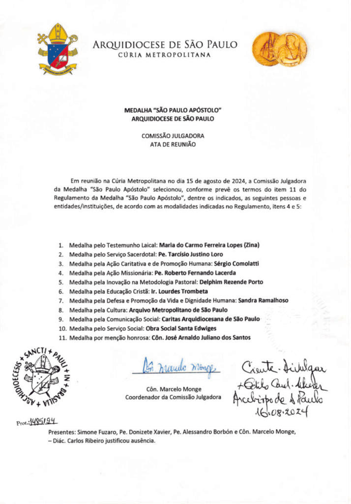 Medalha São Paulo Apóstolo 2024 será entregue no dia 27 deste mês